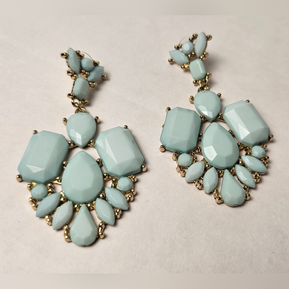 Dangle Earrings ■□ Gold Toned □■ Studded Blue Gem Stones - Picture 2 of 12